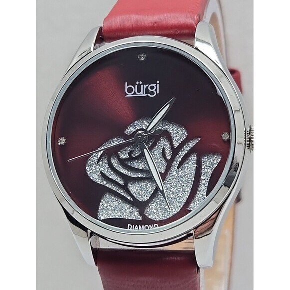 Burgi BUR189RD Womens Diamond Flower Dial Red Leather Quartz Watch New Battery main image 4